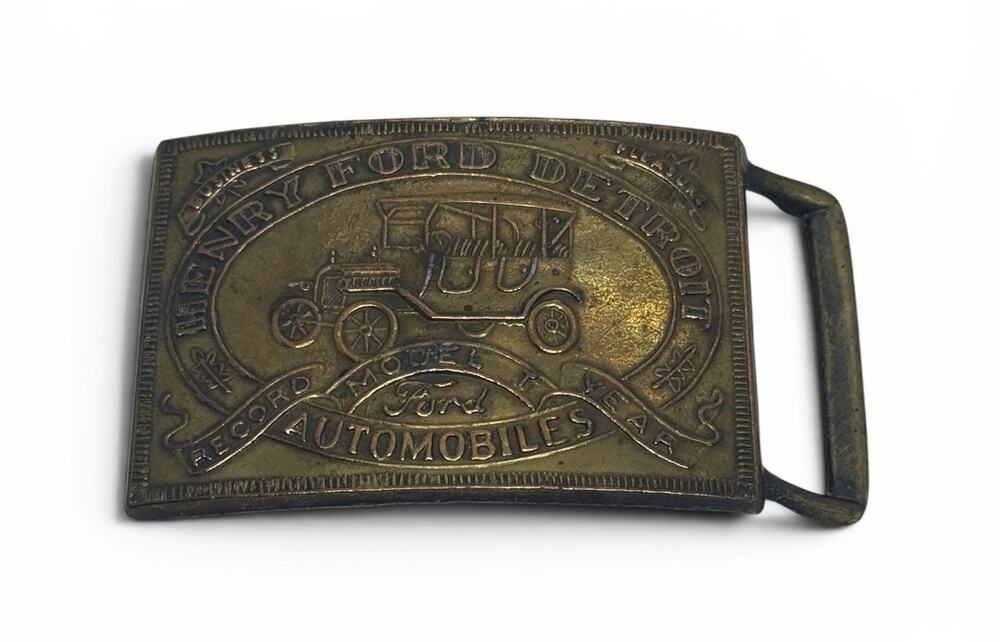 Vintage Henry Ford Detroit Automobiles Record Year Model T Brass Belt Buckle